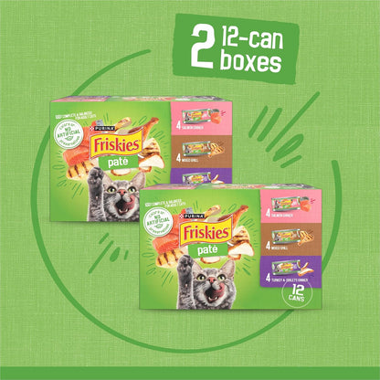 Purina Friskies Wet Cat Food Pate Variety Pack Salmon Dinner, Turkey and Giblets Dinner and Mixed Grill - (2 Packs of 12) 5.5 Oz. Cans5