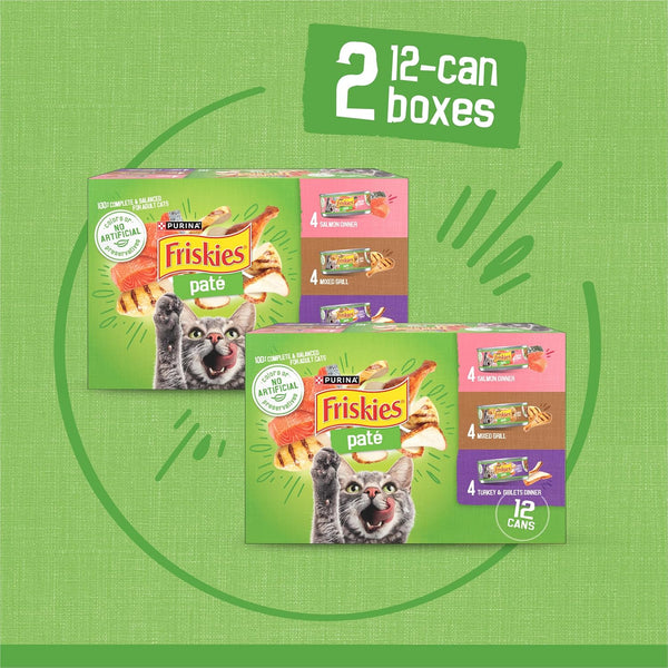 Purina Friskies Wet Cat Food Pate Variety Pack Salmon Dinner, Turkey and Giblets Dinner and Mixed Grill - (2 Packs of 12) 5.5 Oz. Cans5
