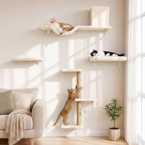 FUKUMARU Cat Wall Shelves, 4 in 1 Set, Beige | Stable & Safe Cat Walls Furniture, Wooden Kitten Climbing Wall with Scratching Post for 16 Inch Drywall1