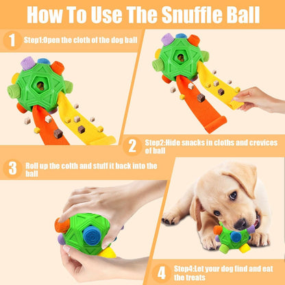 Dog Snuffle Ball-Interactive Puzzle Dog Toys Encourage Natural Foraging Skills Slow Feeder for Training and Stress Relief, Cloth Strip Hiding Food Dog Toys with Squeaky Carrot Toy for Any Size4