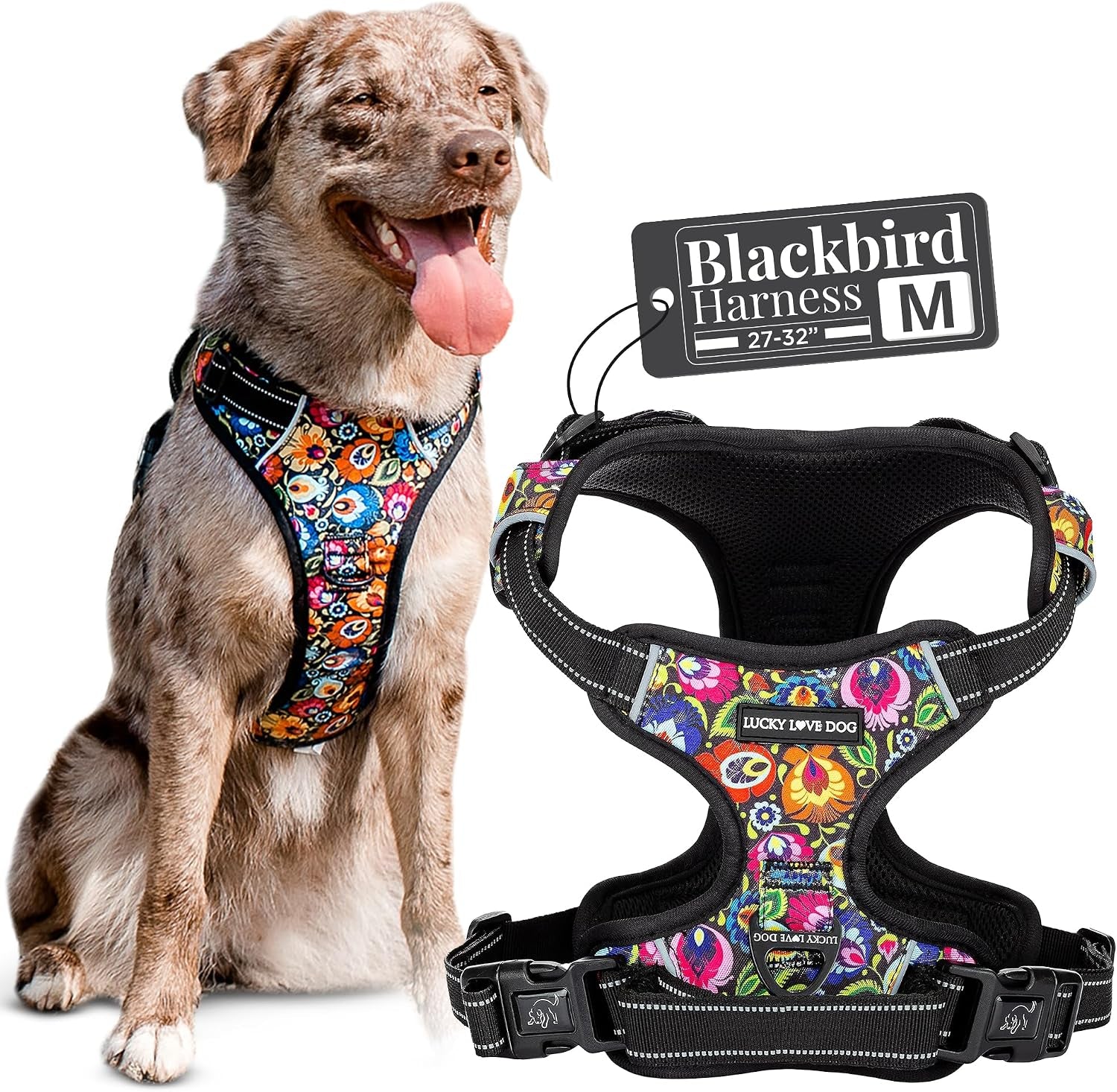 lucky-love-dog-no-pull-dog-harness-adjustable-and-easy-to-walk-cute-patterned-harness-for-medium-male-female-dogs-blackbird-medium
