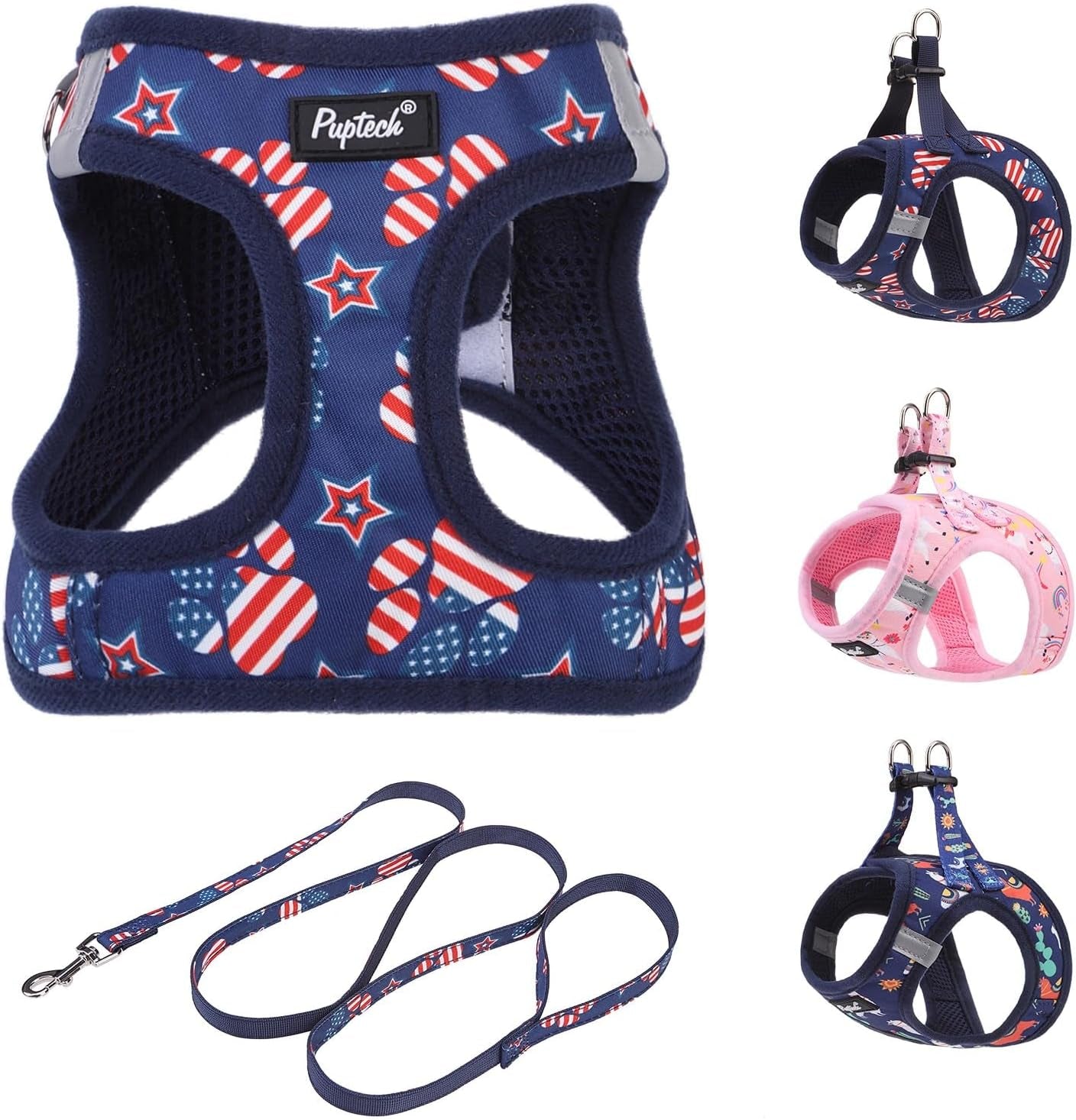 pupteck-dog-harness-and-leash-set-for-small-medium-dogs-no-pull-step-in-soft-mesh-puppy-cat-vest-harnesses-reflective-at-night-green-s