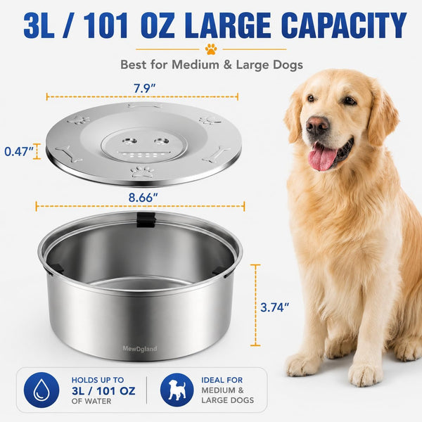 Dog Water Bowl No Spill, 3L/101Oz Stainless Steel Slow Feeder Dog Bowl with Floating Disk, Spill Proof Dog Water Bowl Dispenser for Messy Drinkers, anti Splash Large Dog Bowl with Filter3