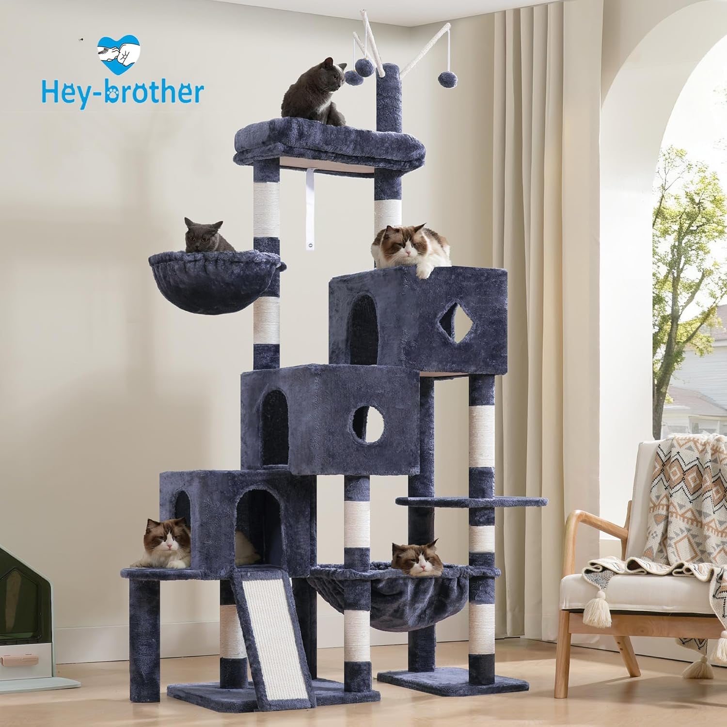 hey-brother-cat-tree-tower-with-3-condos-step-climbing-pathway-mpj081g-74-8-inches-scratching-post-with-3-house-hammock-large-basket-cozy-bed-sisal-board-toys-for-big-indoor-cats-smoky-gray
