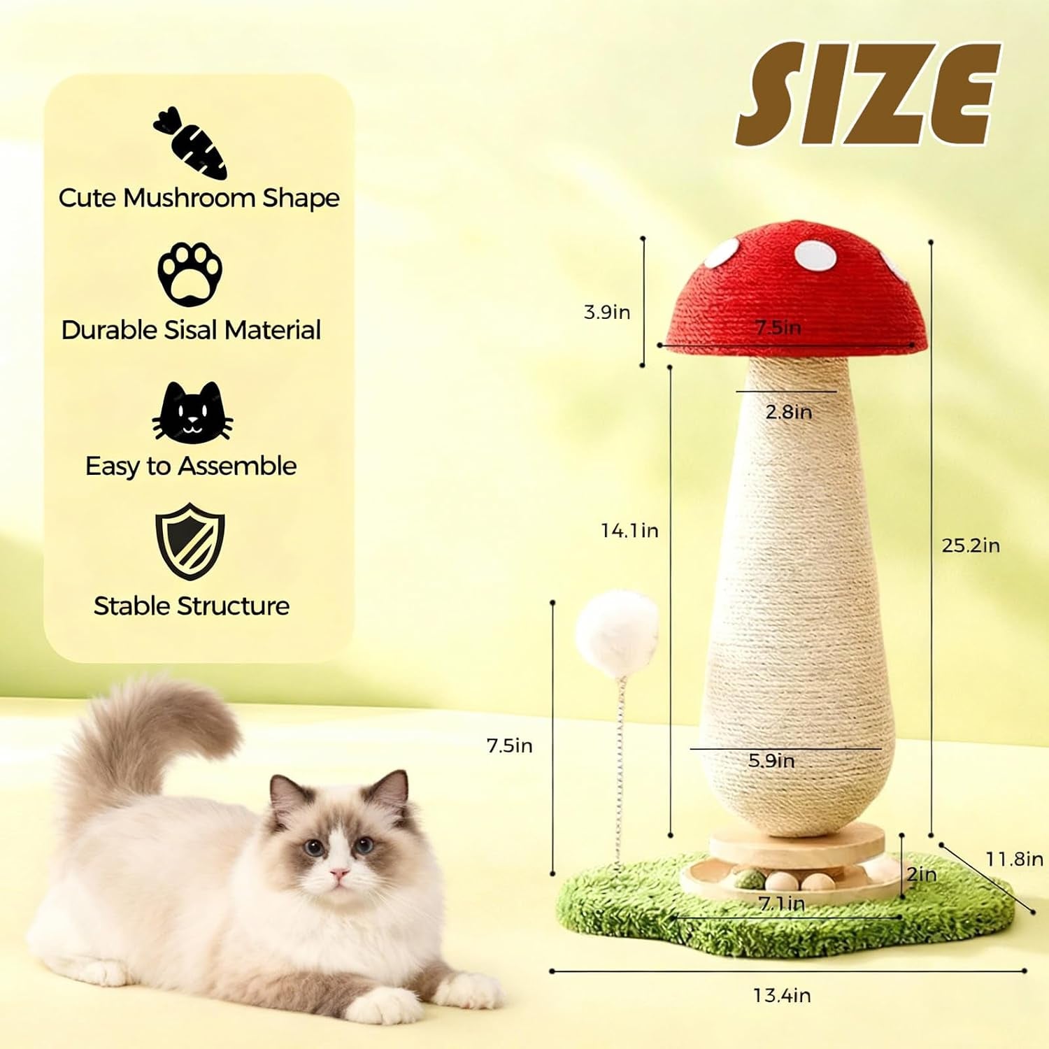 mushroom-cat-scratcher-tower-interactive-ball-track-spring-ball-cat-scratching-post-sisal-kitty-activity-center-for-indoor-cats-kittens-sturdy-wide-base-25-2-inch-red