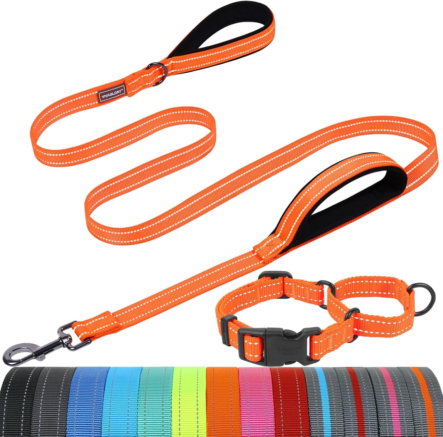 vivaglory-double-handle-dog-leash-twingrip-6ft-x-1in-navy-dog-leash-for-collar-with-traffic-handle-2-loop-for-walking-training-traffic-control-reflective-heavy-duty-puppy-pet