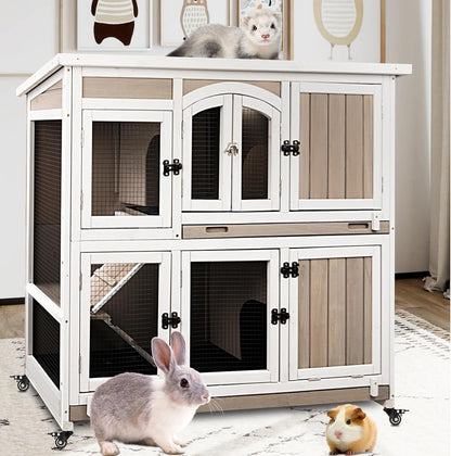 2 Story Rabbit Hutch Outdoor Indoor, Wooden Bunny Cage with 6 Lockable Wheels, 3 Removable No Leakage Pull Out Trays, Chew-Proof Ramp & Waterproof Roof, Ideal for Rabbit & Guinea Pig9