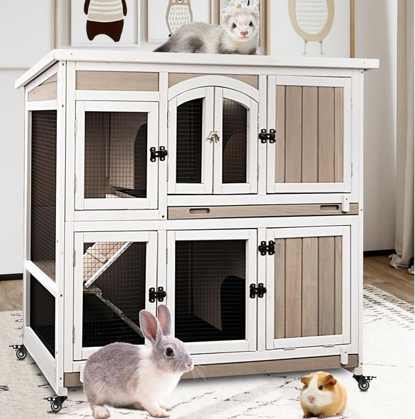 2 Story Rabbit Hutch Outdoor Indoor, Wooden Bunny Cage with 6 Lockable Wheels, 3 Removable No Leakage Pull Out Trays, Chew-Proof Ramp & Waterproof Roof, Ideal for Rabbit & Guinea Pig9
