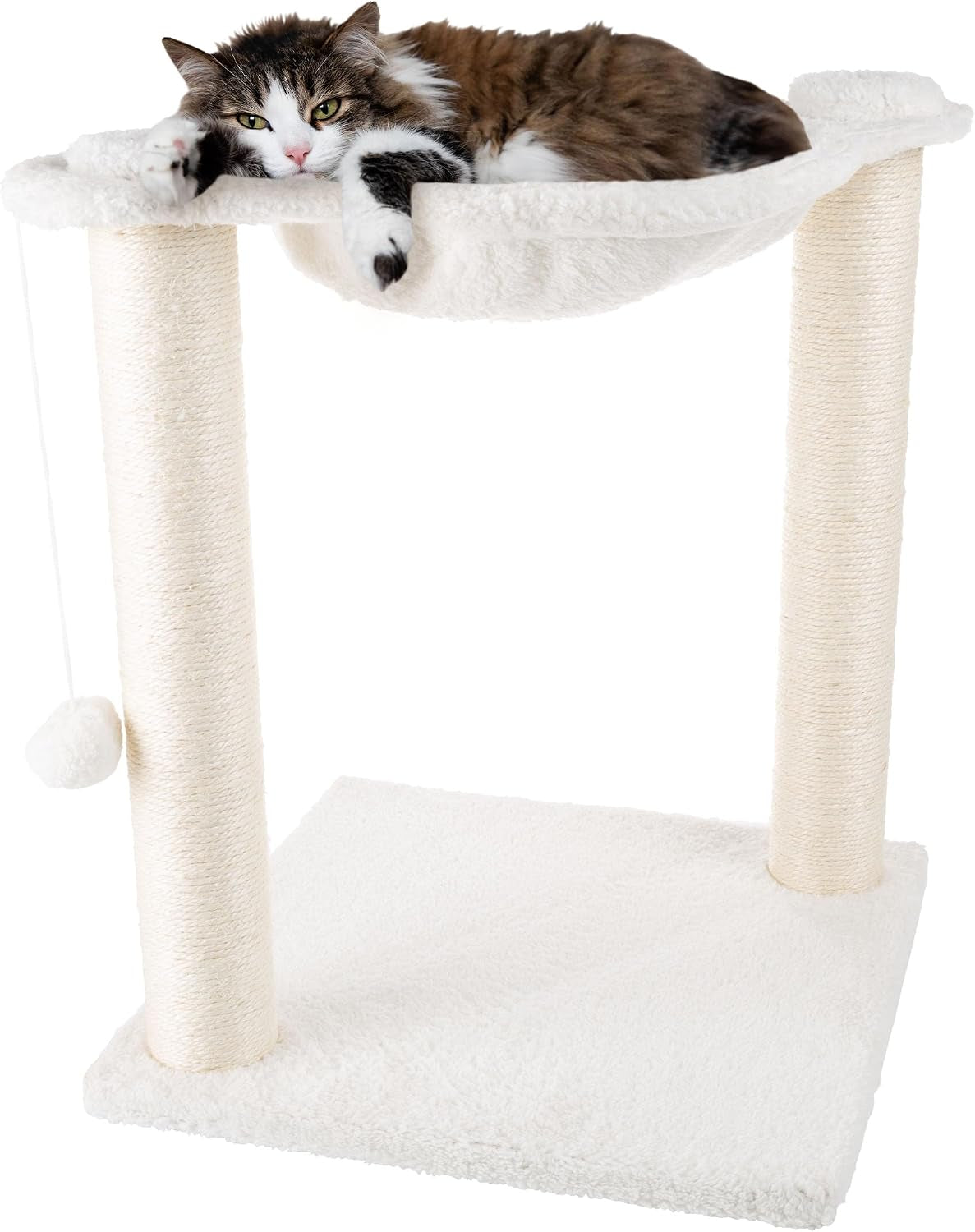 19-inch-cat-scratching-post-with-hammock-sisal-fabric-and-carpet-small-cat-tree-hanging-ball-toy-for-adult-cats-and-kittens-by-petmaker-white