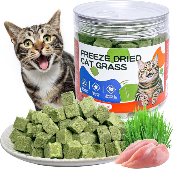 Freeze-Dried Cat Grass Treats with Premium Gourmet Blend - Natural Hairball Control & Gut Health Support for Cats (Chicken Breast Formula, 1.76 Oz)1