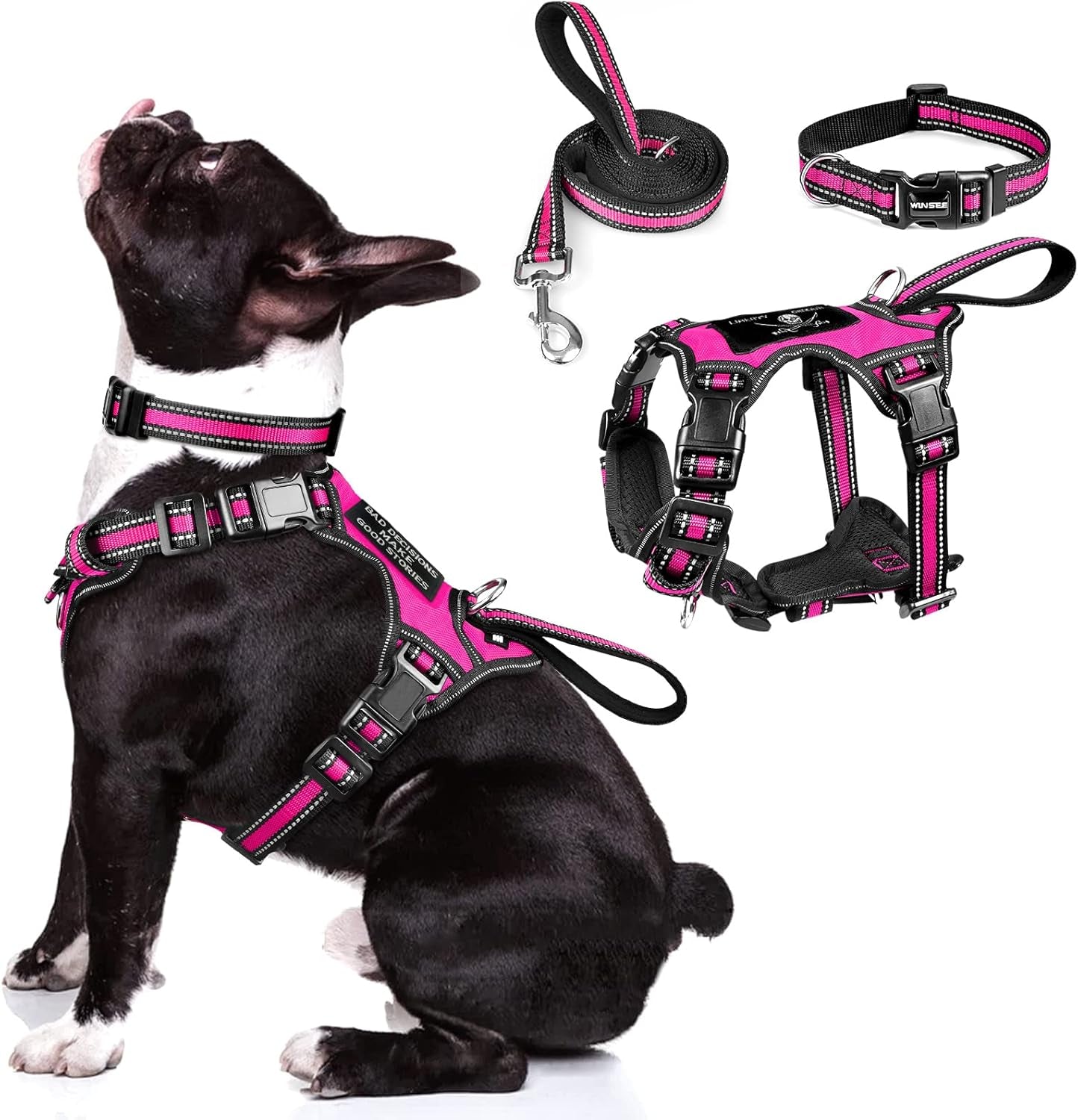 winsee-pet-harness-collar-and-leash-set-all-in-one-reflective-dog-harness-no-pull-with-adjustable-buckles-for-puppies-small-medium-large-and-extra-large-dogs-large-pink