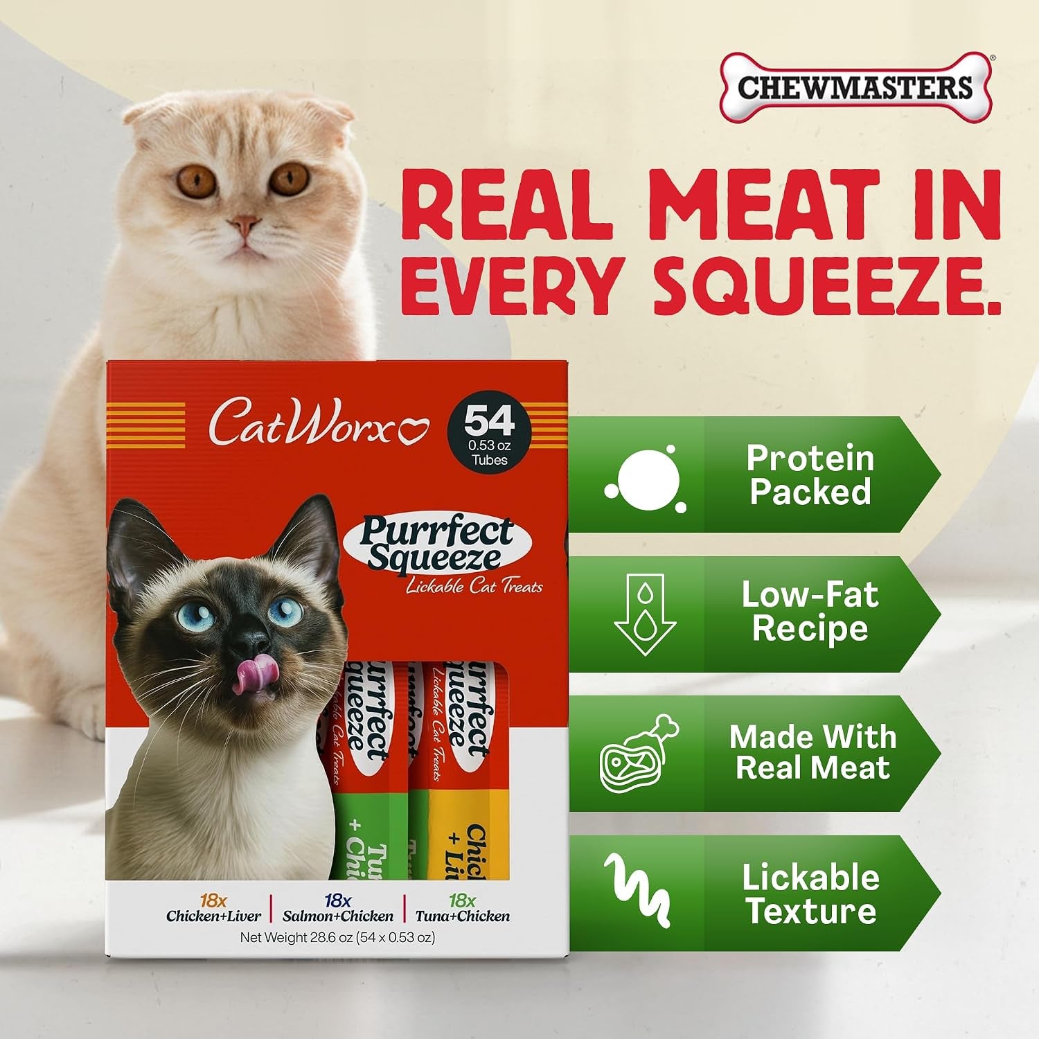 catworx-by-chewmasters-purrfect-squeeze-lickable-soft-cat-treats-54-pack-creamy-puree-squeeze-tubes-for-kittens-and-adult-cats-hand-feeding-snack-or-food-topper-training-reward-0-53-ounce