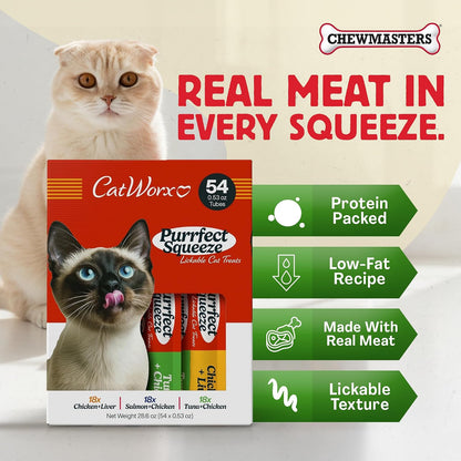Catworx by Chewmasters Purrfect Squeeze Lickable Soft Cat Treats - 54 Pack | Creamy Purée Squeeze Tubes for Kittens and Adult Cats - Hand Feeding Snack or Food Topper - Training Reward, 0.53 Ounce2