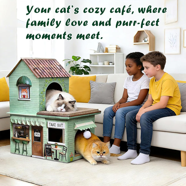 Cardboard Cat Scratcher House, Double Layer Coffee Shop Design, Sage Green, 5-Layer Corrugated, Window Cutouts, 4 Scratching Boards, Plush Ball & Catnip, Indoor Multi Cat House for Cats up to 20 Lbs2