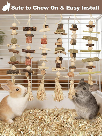 6PCS Hanging Bunny Chew Toys, Natural Apple Wood Rabbit Chews | Teeth Grinding & Dental Health, Small Animal Wooden Cage Toy for Guinea Pigs, Hamsters, Chinchillas, Ferrets, Rats, Gerbils5