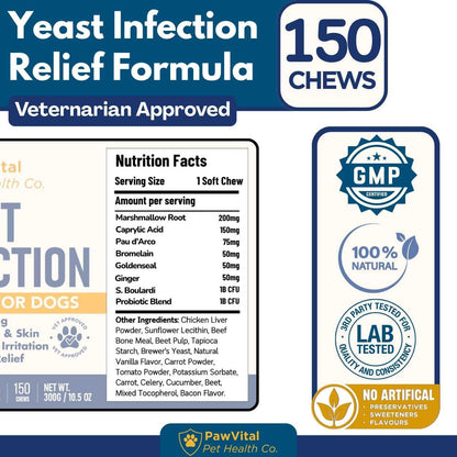 Natural Yeast Infection Treatment for Dogs, 150 Chews – anti Yeast Support for Itchy Skin & Ears – Helps Reduce Irritation & Paw Licking – Probiotic + Herbal Blend – Bacon Flavored Soft Chews6