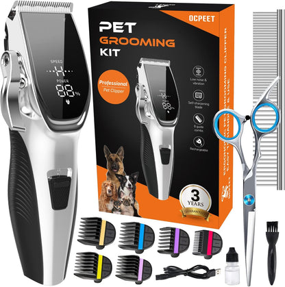 Dog Grooming Kit Low Noise，Cordless 4 in 1 Dog Clippers for Grooming Rechargeable Pet Cat Hair Trimmer with 2 Speed,6 Guards,Scissors,Comb for Small Medium Large Pets Dogs Cats Thick Hair Cutting1