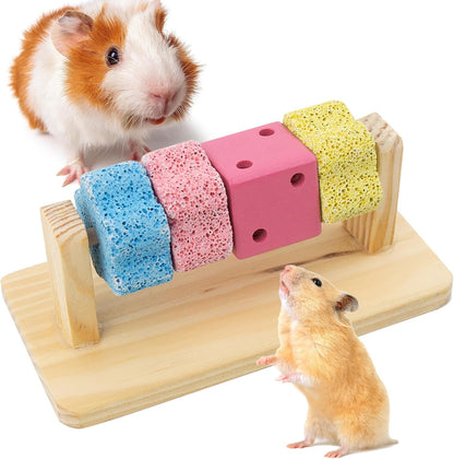 Guinea Pig Chew Toys for Teeth, Natural Hamster Lava Grinding Stone, Adds Calcium to Diet, Rotating Rat Enrichment Toys Wood Stand for Syrian & Dwarf Hamsters, Rats, Guinea Pig, Chinchillas1