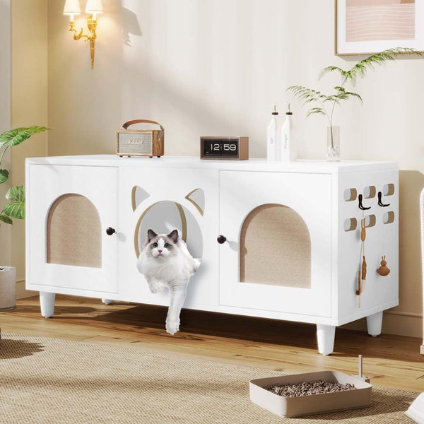 Anwick Cat Litter Box Enclosure Cabinet Furniture | Modern 2-In-1 Wooden Cat House Cabinet with Storage Hook and Scratch Board,White1