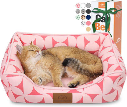 Cat Dog Bed for Pets, Rectangle Pet Bed Gift for Puppy and Kitten, Machine Washable Calming Fluffy Pet Couch Sofa for Indoor Outdoor, Portable Soft Cat Bed with Non-Slip Bottom (Small, Pink)15
