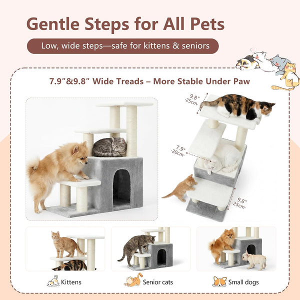 Heybly Cat Scratching Post, Pet Steps for Indoor Cats and Dogs, HSP002SWWH | Small Cat Tree with Cat Condo, Pet Stairs with Full Wrapped Sisal Posts & Soft Plush Fabric, Light Gray & White3