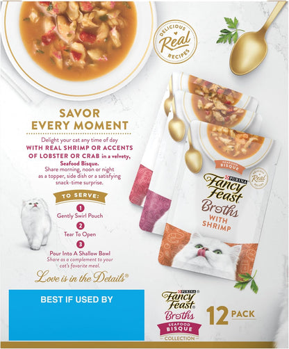 Purina Fancy Feast Broth Seafood Bisque Complement Variety Pack Gourmet Grain-Free Lickable Cat Food Topper, Pack of 12, 1.4 Oz. Pouches8