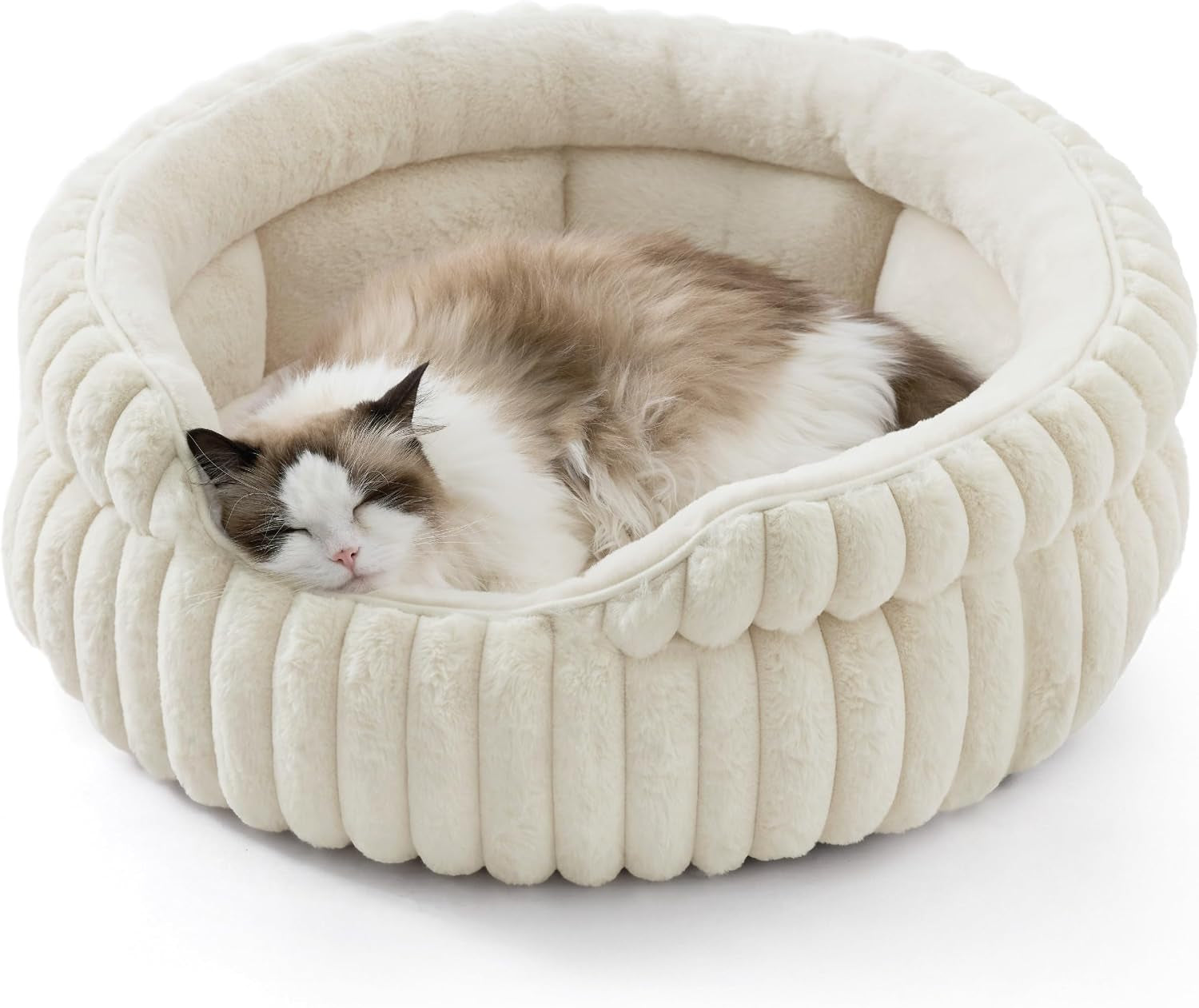 bedsure-comfyfleece™-washable-cute-large-cat-bed-soft-round-puppy-bed-23in-cozy-fluffy-plush-small-dog-bed-donut-corduroy-cuddler-pet-beds-for-indoor-big-cats-anti-slip-bottom-up-to-20-lbs-cream