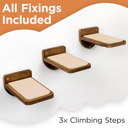 INICIO Cat Wall Stairs - Set of 3 Wall Steps for Cats to Climb with Fixtures, 8.7"X4.7" - Floating Steps for Climbing or Playing - for Kittens and Adult Cats, Dark Brown3