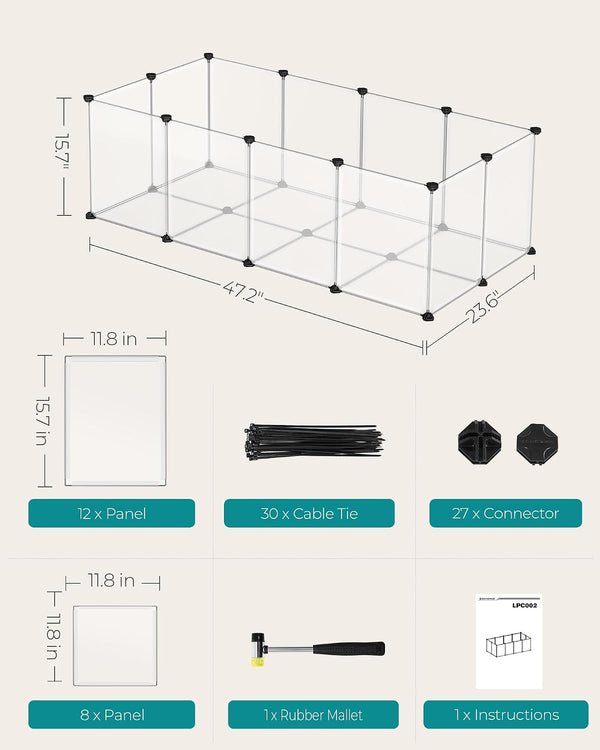 SONGMICS 20 Panels Pet Playpen with Floor, Small Animal Playpen, Pet Fence Indoor, DIY Plastic Enclosure for Guinea Pigs, Bunny, Hamsters, Hedgehogs, 49.2 X 24.8 X 16.5 Inches, White ULPC001W016