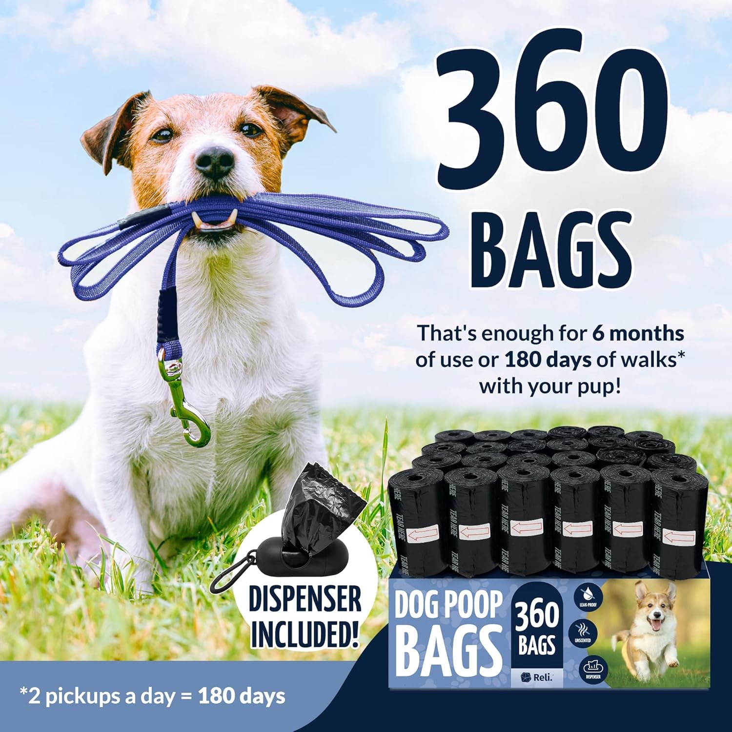 reli-dog-poop-bags-w-holder-360-pack-24-rolls-leash-clip-dispenser-9x13-large-dog-bag-for-poop-unscented-leak-proof-black-pet-waste-carrier-refills-w-clip-dispenser