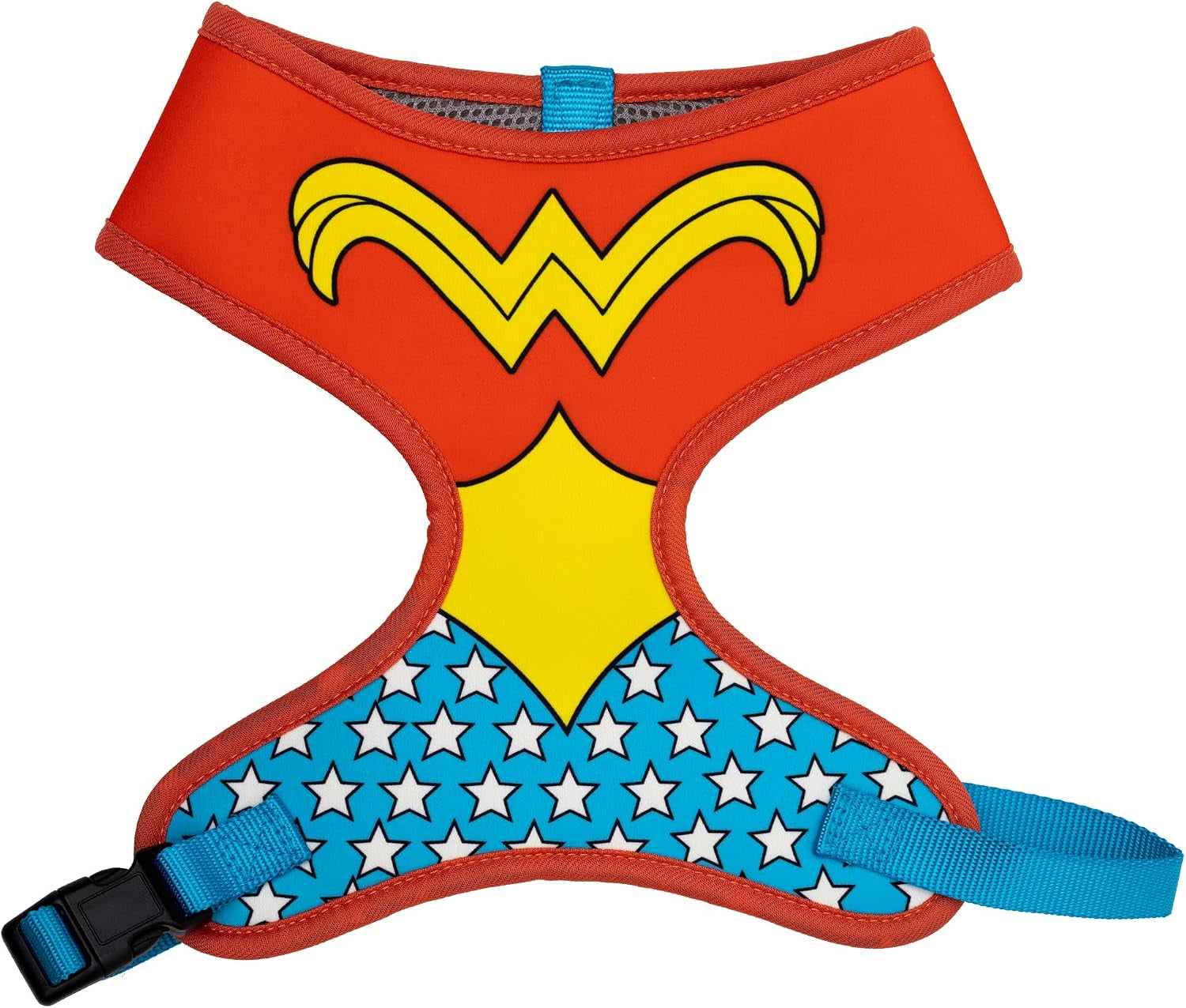 dc-comics-pet-harness-dog-collar-plastic-buckle-superman-shield-character-close-up-blue-red