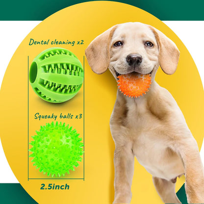 PUPTILY 2 Different Functions Interactive Ball for Dogs 2.5” Squeaky Dog Balls Toys and Puppy Teething Chew Toy Balls for Small Dogs for Clean Teeth and Training （5Pcs）2
