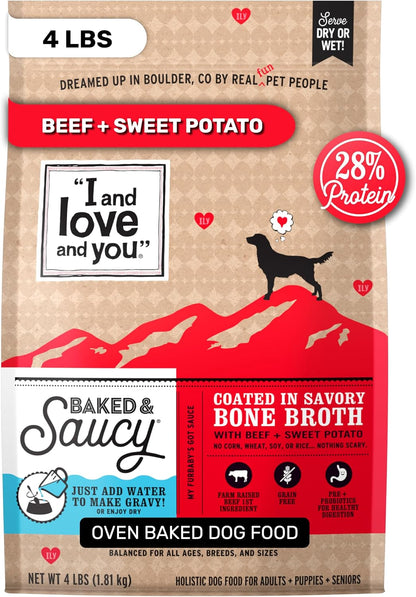 I and Love and You Baked & Saucy Dry Dog Food with Gravy Coating, Beef & Sweet Potato Recipe, Grain-Free, Prebiotics & Probiotics, Real Meat, No Fillers, 4 Pound Bag1