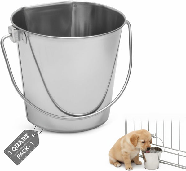 9 Quart Stainless Steel Flat Side Bucket | 2.25 Gal Durable Heavy Duty Food & Water Feeding Pails for Dog Goat Sheep Horse | Fits Kennel Cage Critter Crate Hanging Pet Pail | Multipurpose12