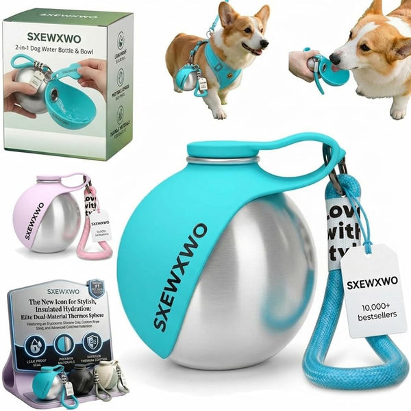 The 2-In-1 Dog Water Bottle & Bowl 2026 New Portable Trave Pet Dispenser Perros Silicone Water Ball Spill Proof Container Design on Walks Walking Hiking Insulated round Botella Animal (Blue)1