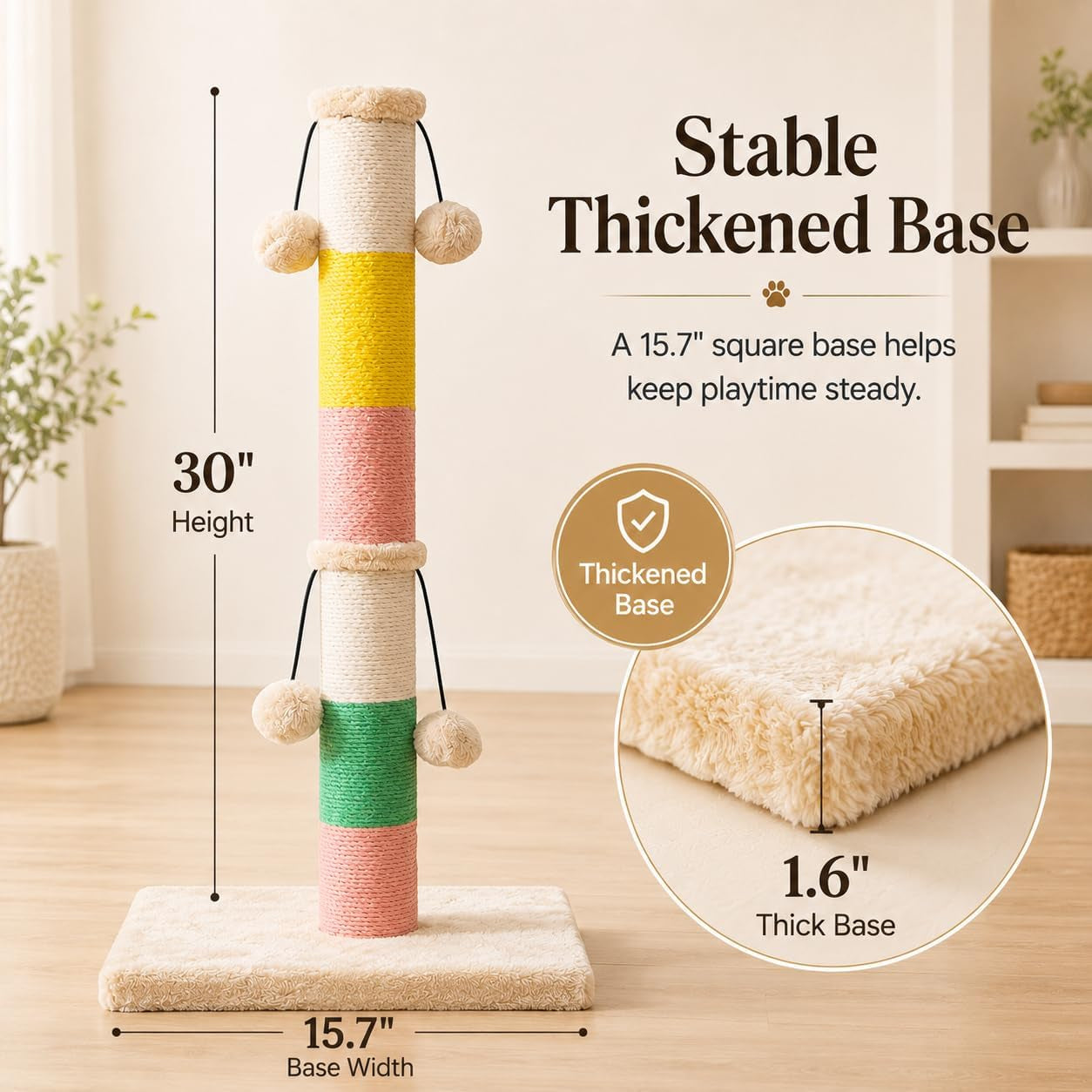30-inch-high-cat-scratching-post-with-4-plush-teasing-toy-balls-natural-sisal-rope-post-and-thickened-base-red-green-yellow-white