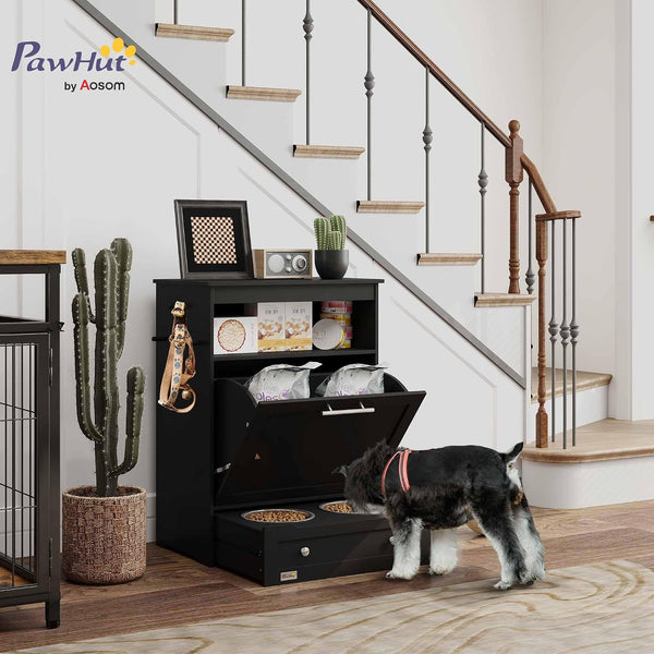 Pawhut Dog Feeding Station with Raised Bowls, Pet Feeder Station, Black | Dog Food Storage Cabinet, Hanger for Feeding & Watering Supplies2