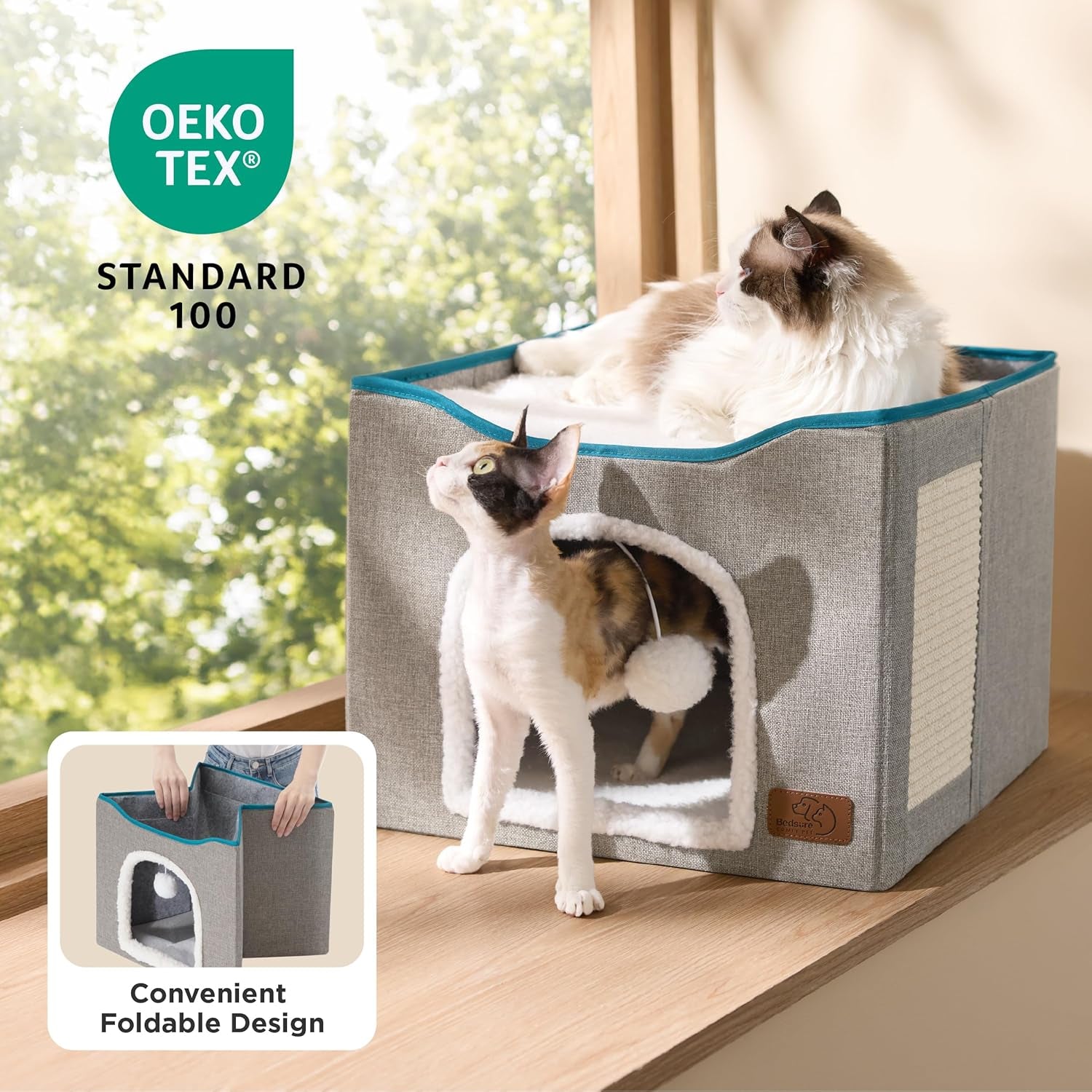 bedsure-cat-house-bed-for-indoor-cats-with-fluffy-ball-and-scratch-pad-grey-16-5x16-5x13-in-large-cat-cave-for-multiple-pets-foldable-cat-hideway-cube-for-sleeping-kitten