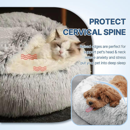 SUOXU Anti-Anxiety Cat Bed, Plush Hooded Cave, 20 in Diameter, Suitable for Small to Medium Pets, Pink3