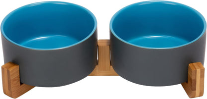SPUNKYJUNKY Ceramic Dog and Cat Bowl with Wood Stand Non-Slip Matte Glaze Weighted Food Water Set for Cats &Small Dogs 13.5OZ18