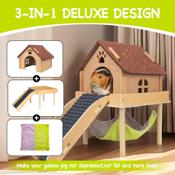 BESNEW 3 in 1 Enlarged Guinea Pig Hammock,Wooden Guinea Pig Hideout with House & Platform & Stairs Small Animal Toys for Hiding Sleeping Activities2
