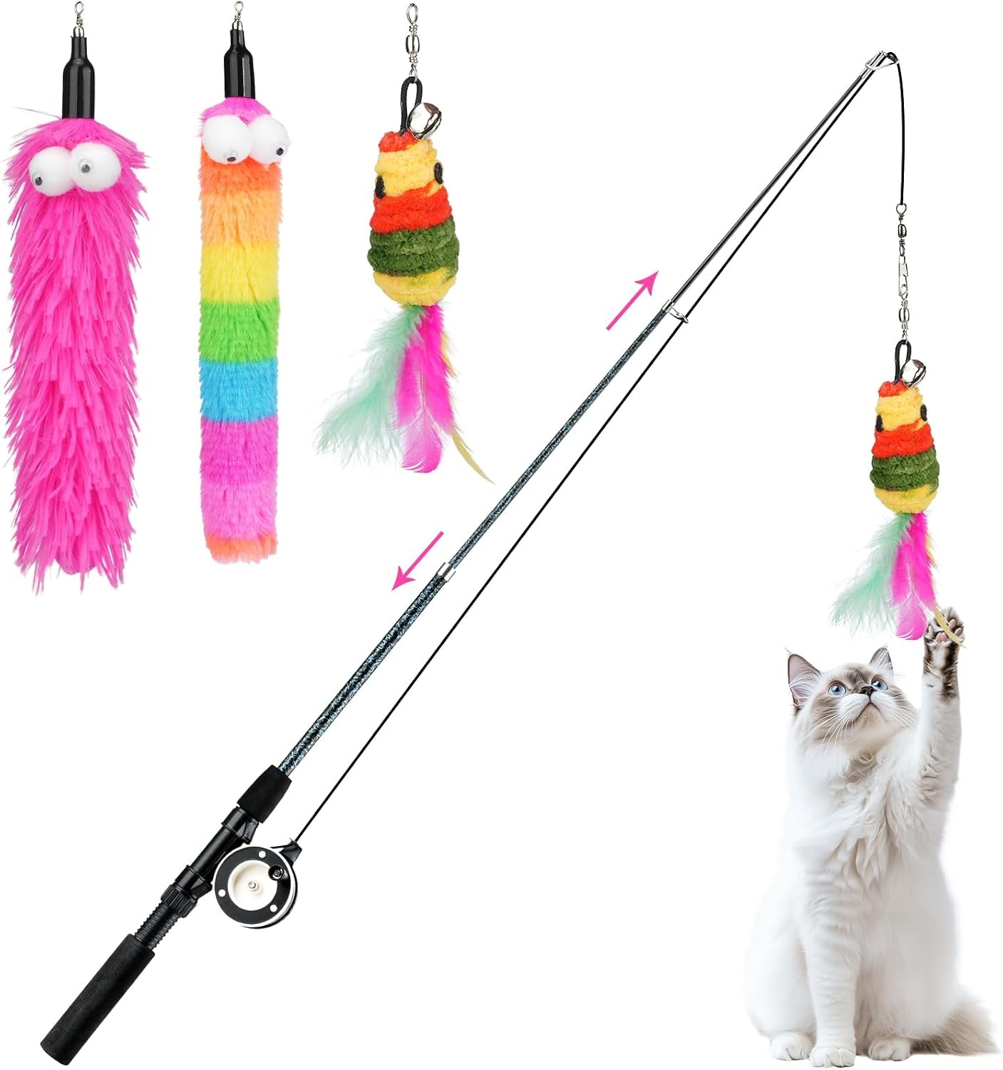 pawaboo-cat-feather-toys-4-pack-interactive-cat-feather-teaser-wand-toys-retractable-fishing-pole-wand-catcher-exerciser-with-refill-fish-dragonfly-worm-with-bells-fun-cat-kitten-kitty-playing-toy