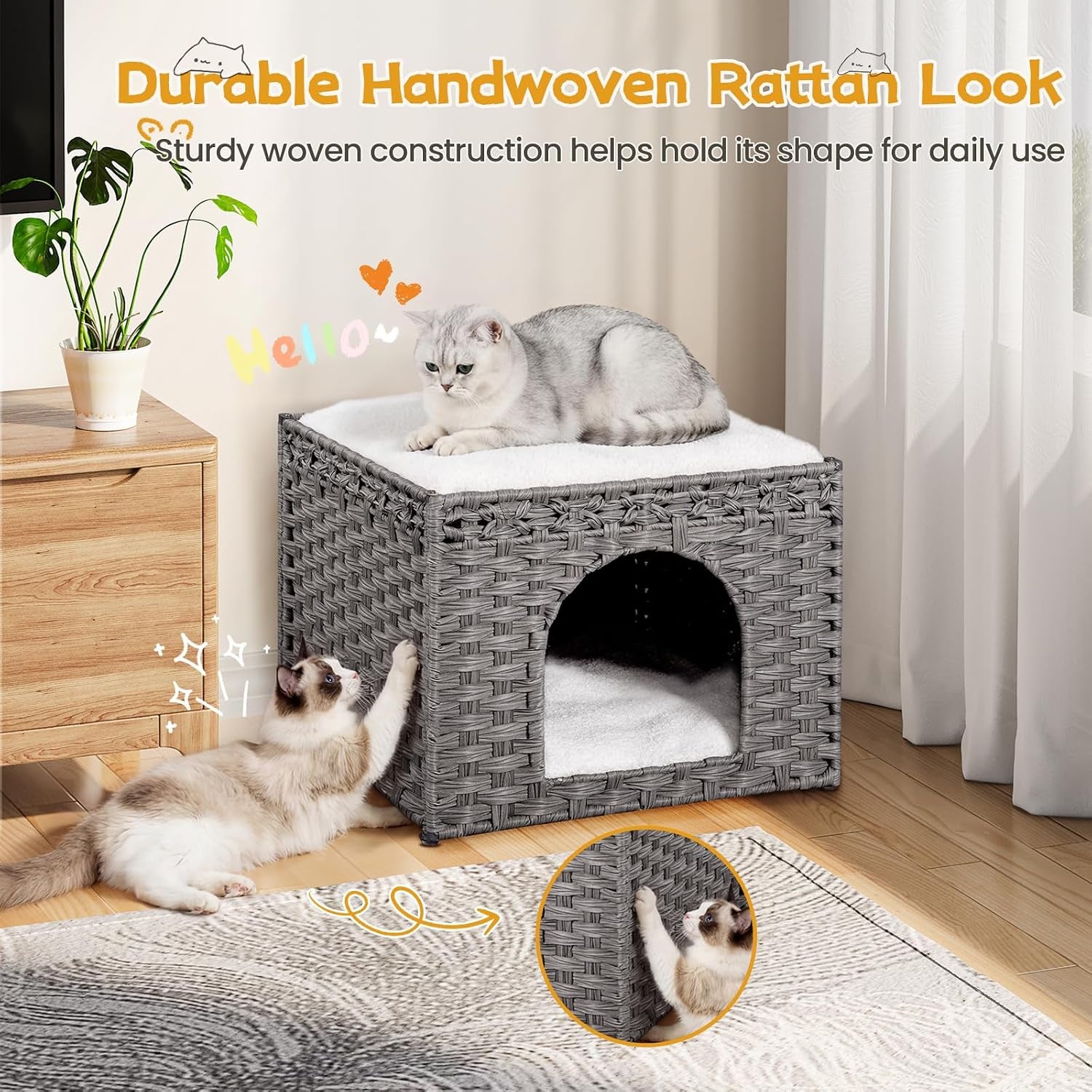 snughome-handwoven-rattan-cat-house-indoor-foldable-cat-bed-cave-with-2-removable-bed-mats-large-kitten-house-hideaway-pet-cube-16-54-x-16-54-x-12-6-inches-grey-for-living-room-bedroom