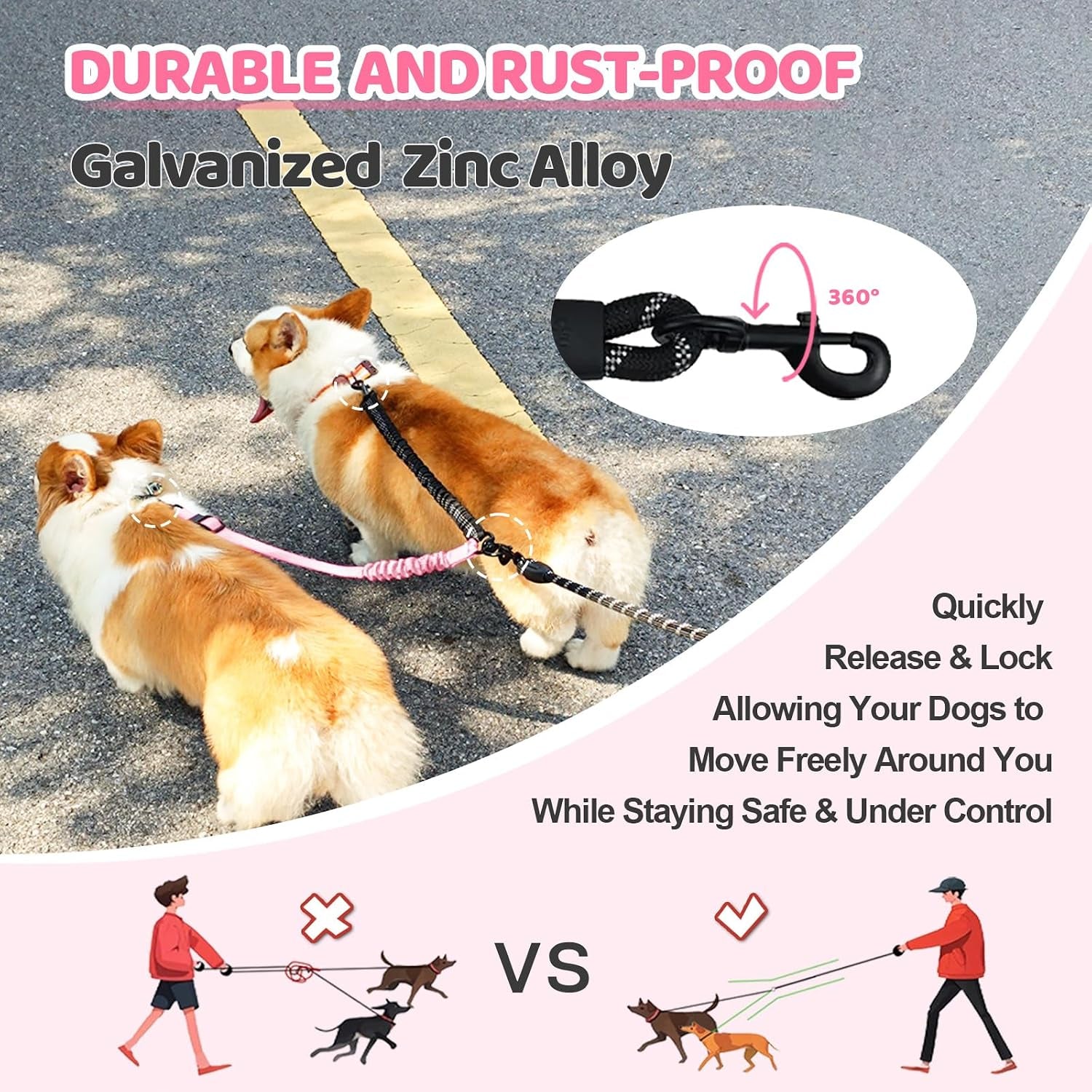double-dog-leash-360-swivel-tangle-free-splitter-attachment-2-dogs-multi-functional-leashes-dual-rope-for-outdoor-walk-train-small-medium-large-two-pet-pink