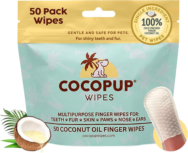 Cocopup Dog & Cat Dental Wipes, Coconut Oil Finger Toothbrush Cleaner | Coconut Oil-Infused Finger Wipes for Dogs and Cats; Helps Clean Teeth, Freshen Breath, and Wipe Ears, Nose, Paws, and Fur.1