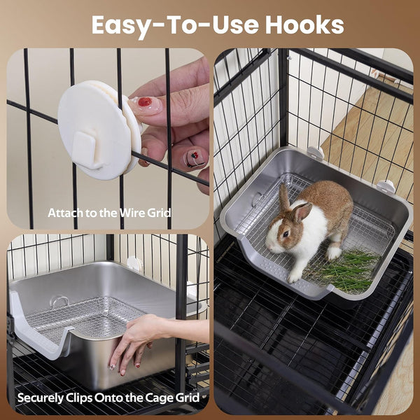 Rabbit Litter Box, Extra Large Bunny Litter Box with 304 Stainless Steel Sifting Grid, Safe Plastic-Covered Entry Edge & Hooks, Easy to Clean and Odor Control (15.7" × 11.8" × 5.9")6