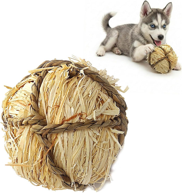 Dog Chew Toys, 3Pcs Woven Grass Chew Ball for Dogs, Dental Teething & Interactive Fetch Toys, Outdoor Digestible Chew Ball for Boredom Relief - Seaweed & Timothy Hay, Cornsilk, Cornleaf12