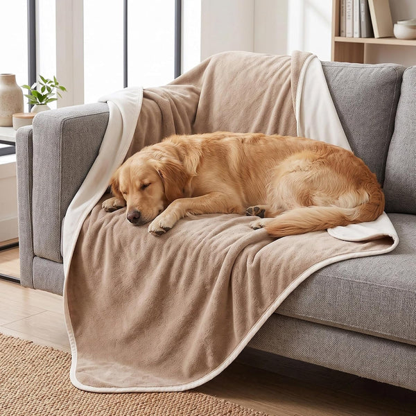 Waterproof Blanket for Dogs - Reversible Furniture Protector | TPU Leak-Proof Liner, Soft Velvet & Flannel Pet Throw, Machine Washable, for Couch and Bed, 52" X 82", Beige/Khaki1