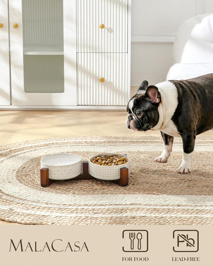 MALACASA Dog Bowl Set, Ceramic Bowls with Walnut Wood Stand, 1.5 Cups | Rhombic and Polka Dot Design, Non-Slip Base, for Cats and Dogs, about 26% Heavier than Similar Ceramic Bowls3