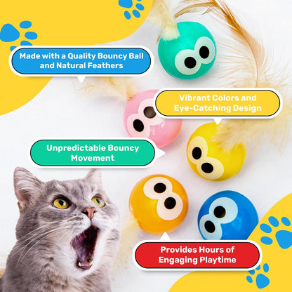 Bouncy Tails 5 Pack Interactive Bouncy Ball with Natural Feathers for Indoor Cats and Kittens Who Love to Play and Have Fun.3